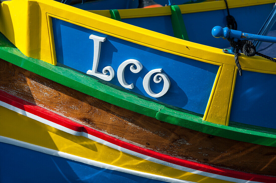 Close-up of a colorful fishing boat, Valletta, Malta