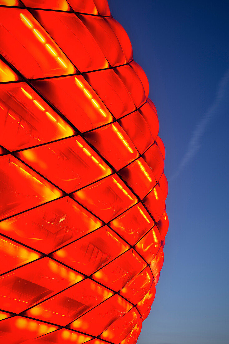 detail of facade of Allianz Arena at night with red light, football stadium of FC Bayern München, Munich, Bavaria, Germany, Architects Herzog and De Meuron