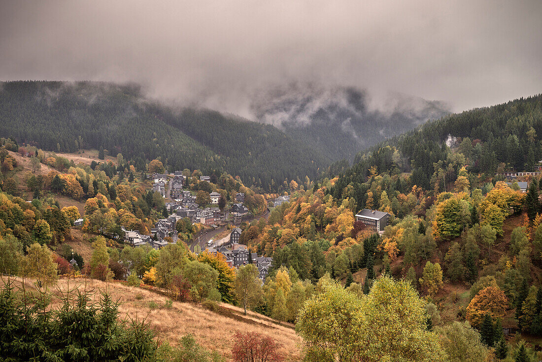 View in Autumn towards Lauscha in the rain, Thuringian Forest, Thuringia, Germany