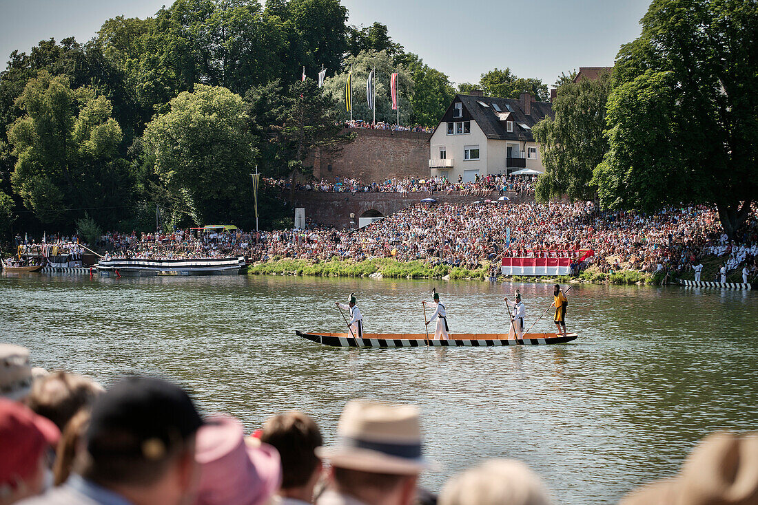 So called Zillen paddling over the Danube River, Fisher Cup 2013, Ulm, Baden-Wuerttemberg, Germany