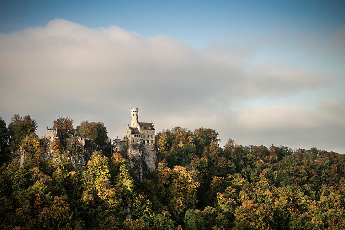 View of Lichtenstein castle in autumn, Swabian Alp, Baden-Wuerttemberg, Germany