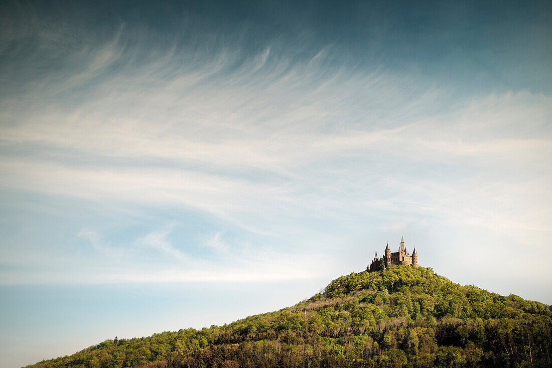 View of Hohenzollern castle, Hechingen Bissingen, Swabian Alp, Baden-Wuerttemberg, Germany