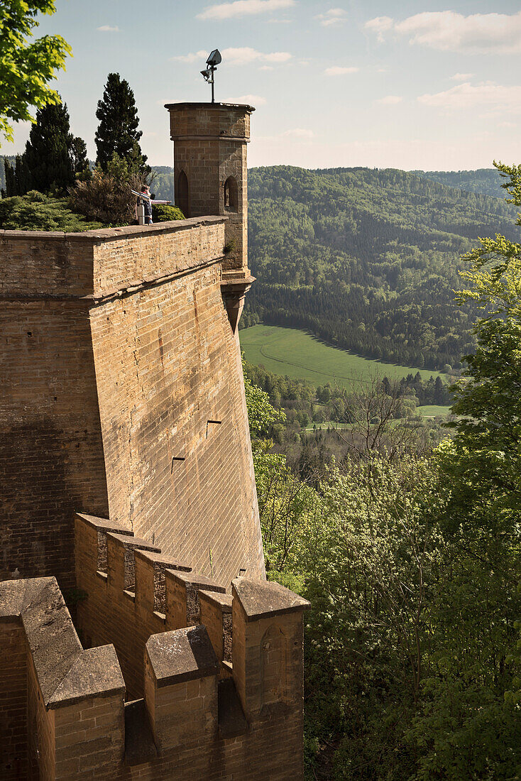 View towards Zeller mountain from Hohenzollern castle, Hechingen Bissingen, Swabian Alp, Baden-Wuerttemberg, Germany