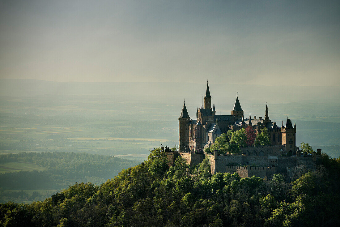 view from Zeller mountain towards Hohenzollern castle, Hechingen Bissingen, Swabian Alp, Baden-Wuerttemberg, Germany