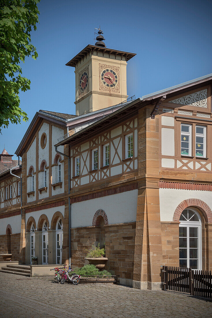 Bathing house, working-class quarter in Art Nouveau style architecture, Kuchen near Geislingen, Swabian Alp, Baden-Wuerttemberg, Germany