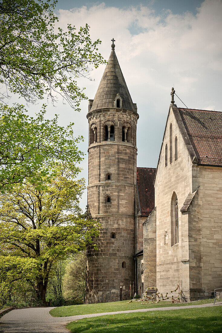 View of the church tower of Lorch monastry,  Swabian Alp, Baden-Wuerttemberg, Germany