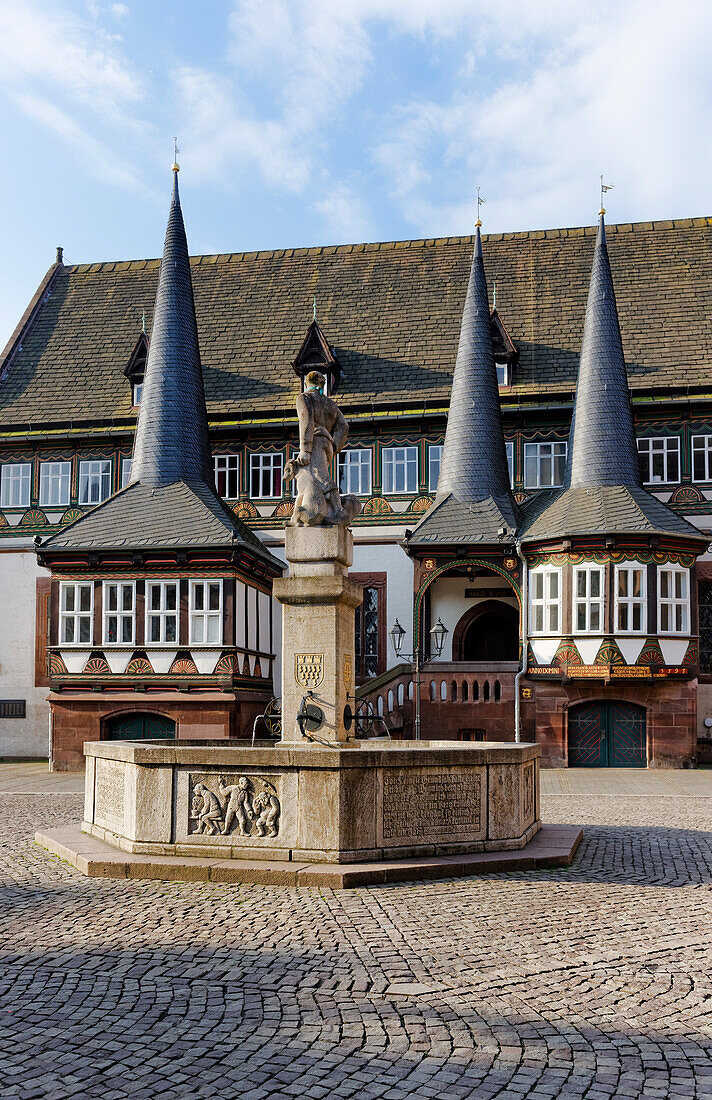 Fountain and old Town Hall on the Market square, Einbeck, Lower Saxony, Germany