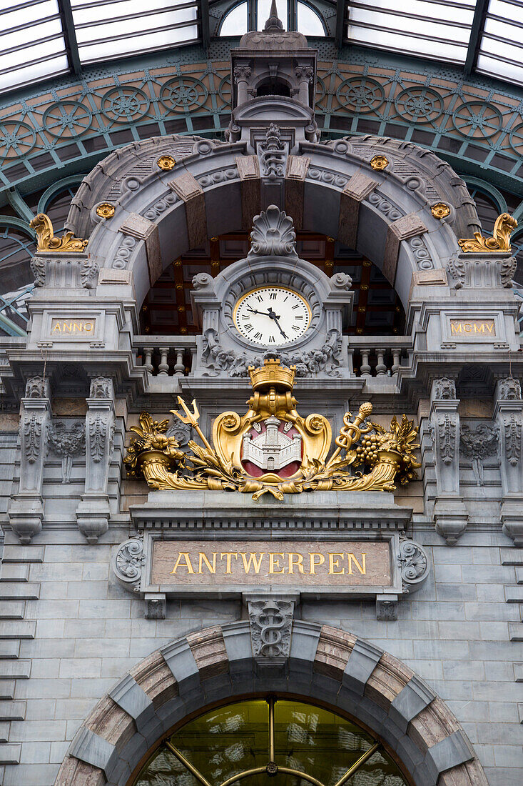 Clock inside Antwerp Central main railway station, Antwerp, Flemish Region, Belgium