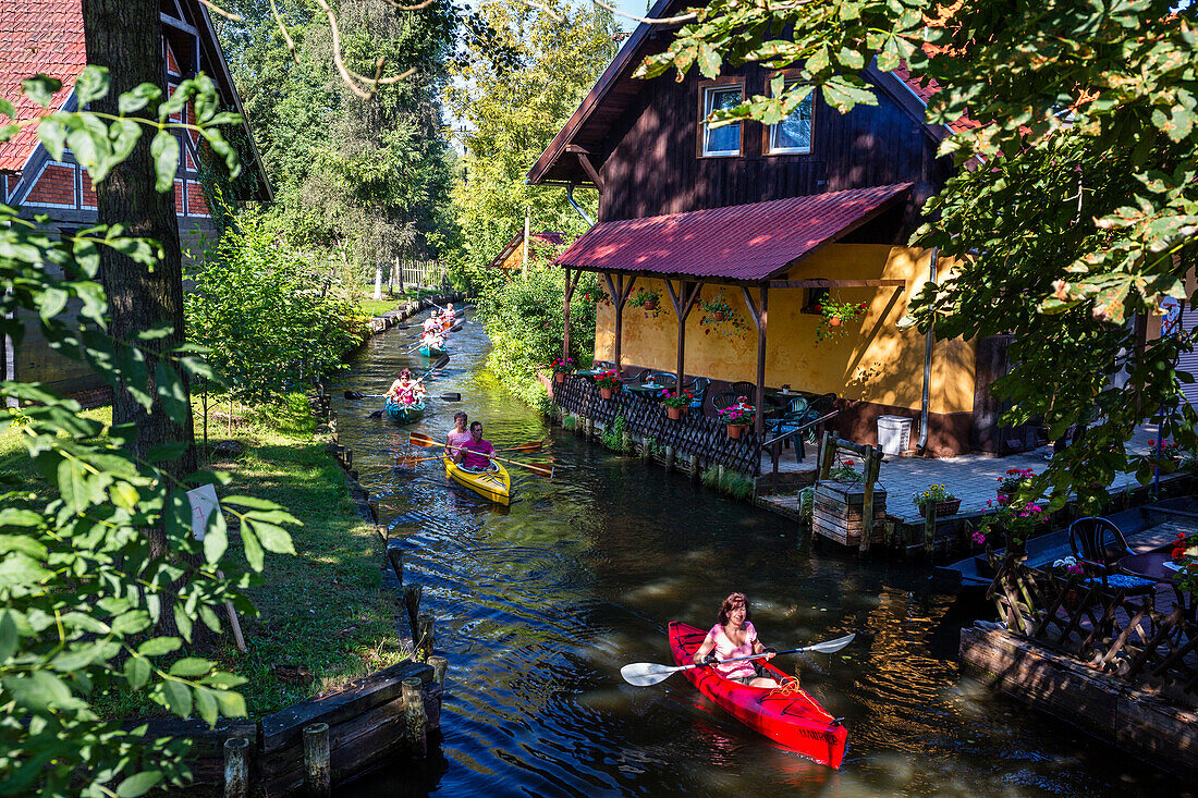 Kajakfahrer auf Fließ im Spreewald, UNESCO Biosphärenreservat, Brandenburg, Deutschland