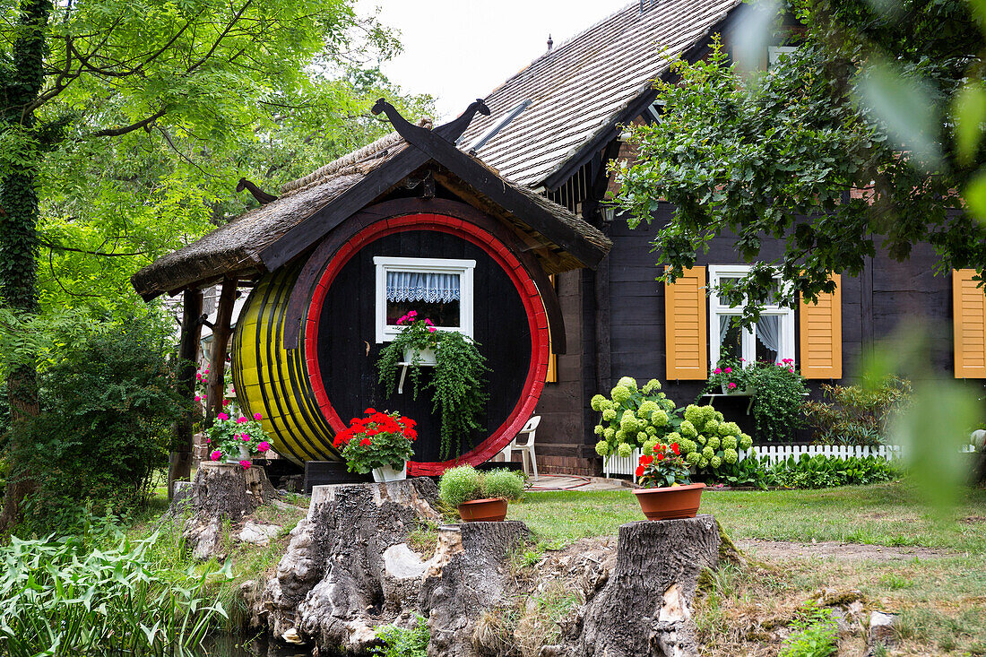 House in Spreewald with old gherkin barrel, Spree, UNESCO biosphere reserve, Lehde, Luebbenau, Brandenburg, Germany, Europe