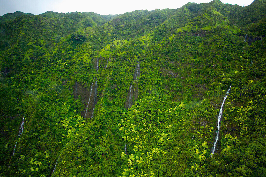'Waterfalls flowing down the mountains covered with lush green trees;Hawaii united states of america'