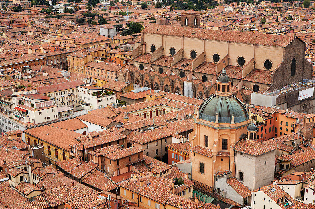 'High angle view from the towers of bologna with a view of a cathedral's dome roof;Bologna emilia-romagna italy'