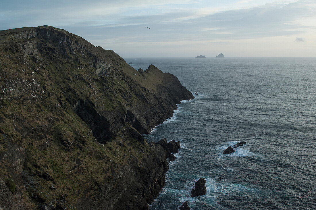 'Skellig michael and little skellig viewed from the cliffs above cahersiveen on the ring of skelligs;Iveragh peninsula, county kerry, ireland'