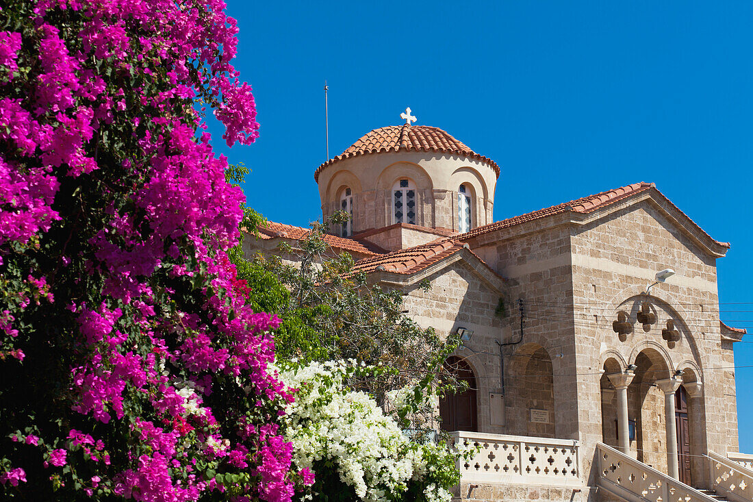 'A church building with bright pink flowers in the foreground;Paphos, cyprus'