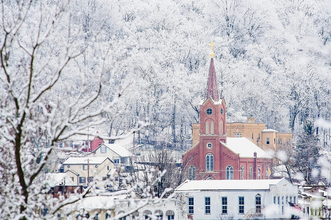 'Church building with a steeple in a community in winter;Ripley, ohio, united states of america'