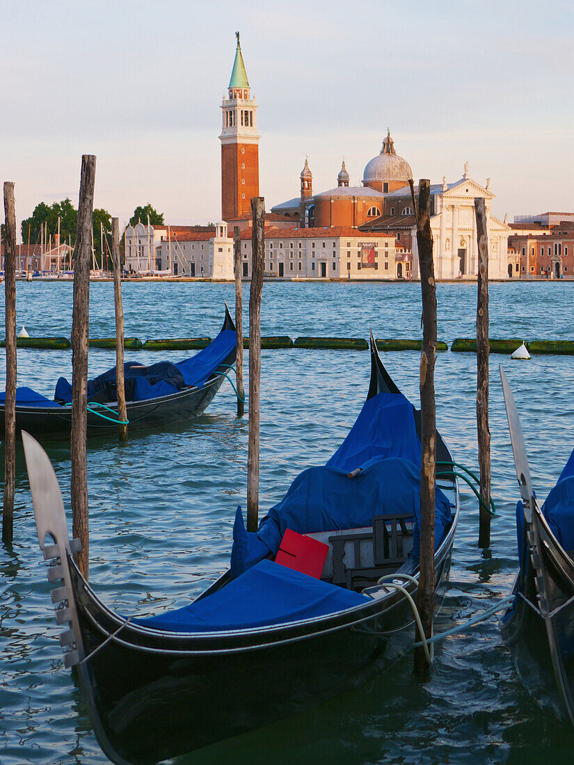 'Gondolas on the grand canal by st mark's square (piazza san marco) looking across to isola di san giorgio maggiore;Venice italy'