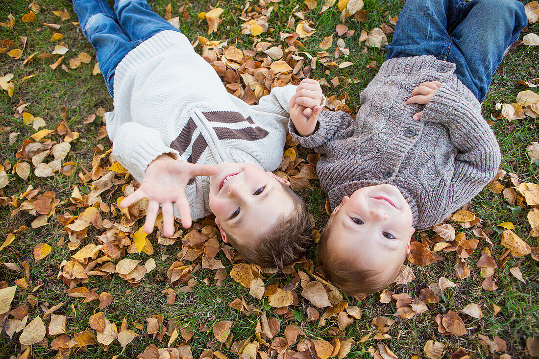 'Portrait of two young boys laying on fallen leaves in autumn colours;St. albert alberta canada'
