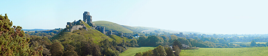 'Panoramic view of medieval ruins of corfe castle;Dorset england'