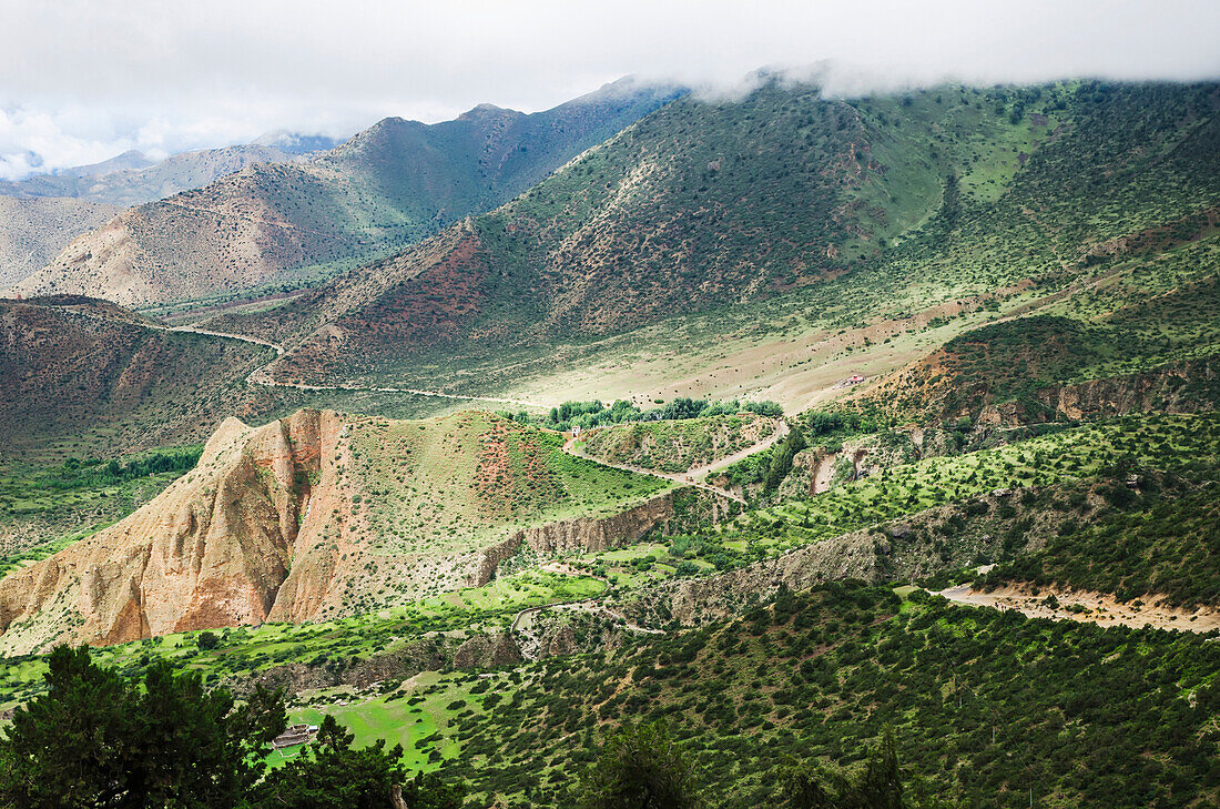 'Mountainous landscape and roads to the capital of nepalese upper mustang kingdom lo manthang;Upper mustang nepal'