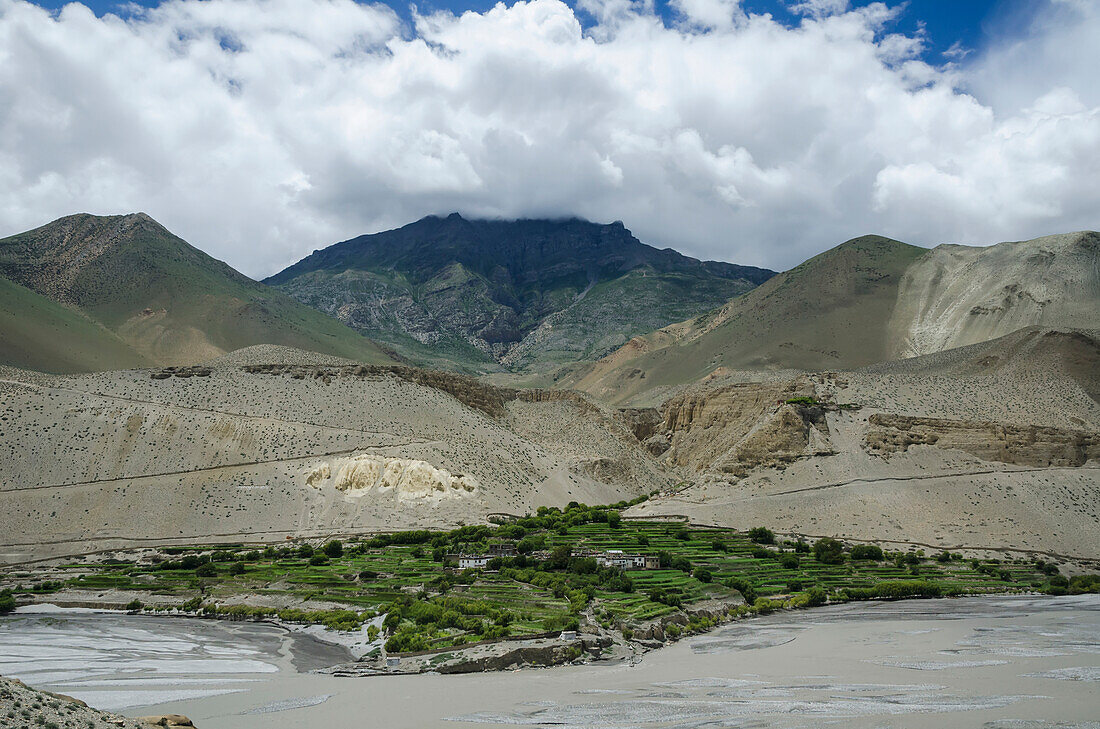 'Terraces mountains and clouds near tirigaon village kali gandaki river;Upper mustang nepal'