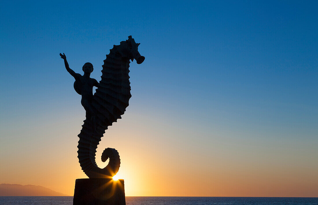 'The seahorse sculpture on the malecon at sunset;Puerto vallarta mexico'