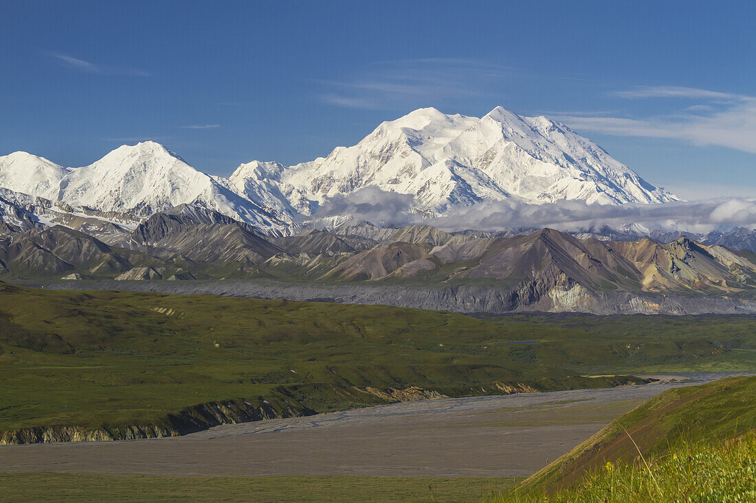 View Of Mt. Mckinley On A Sunny Day Across The Thorofare River, Denali National Park And Preserve, Interior Alaska, Summer