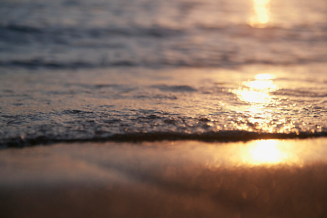 'Sunlight reflecting off the water and wet sand at sunset;Honolulu hawaii united states of america'