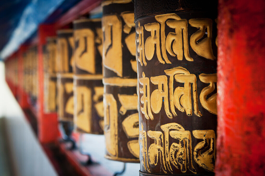 'Decorative wall in red and gold;Gangtok sikkim india'