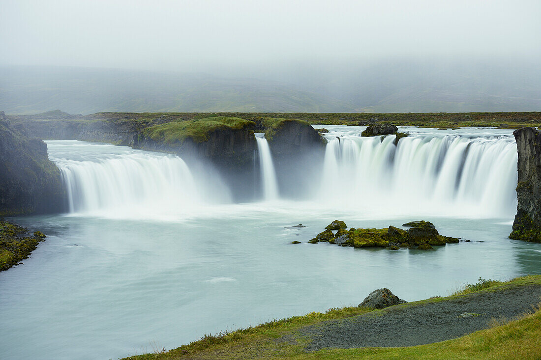 'Godafoss Waterfall In The Rain, Waterfalls Of The Gods; Fossholl, Myvatn, Iceland'