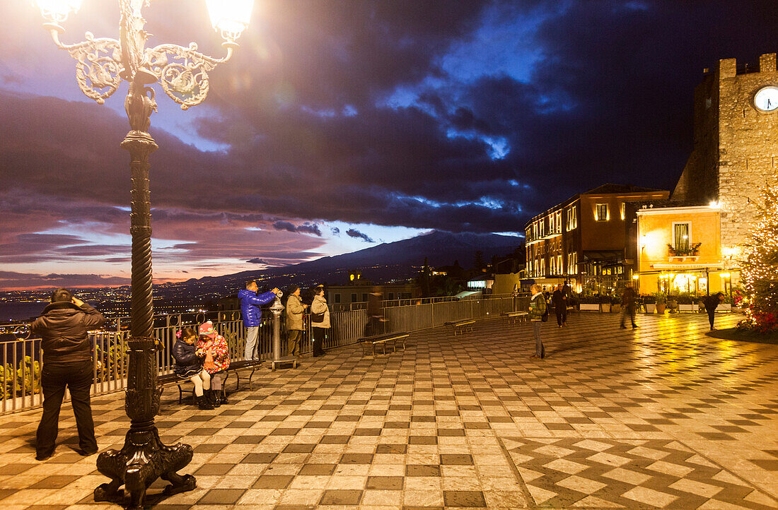 Piazza IX. Aprile in the evening, Taormina, Messina, Sicily, Italy