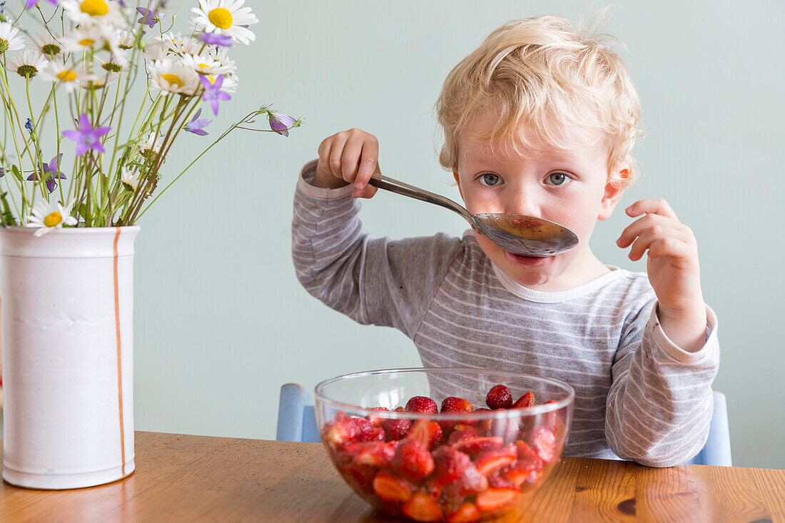 Junge (3 Jahre) isst Erdbeeren mit einem großen Löffel, Leipzig, Sachsen, Deutschland