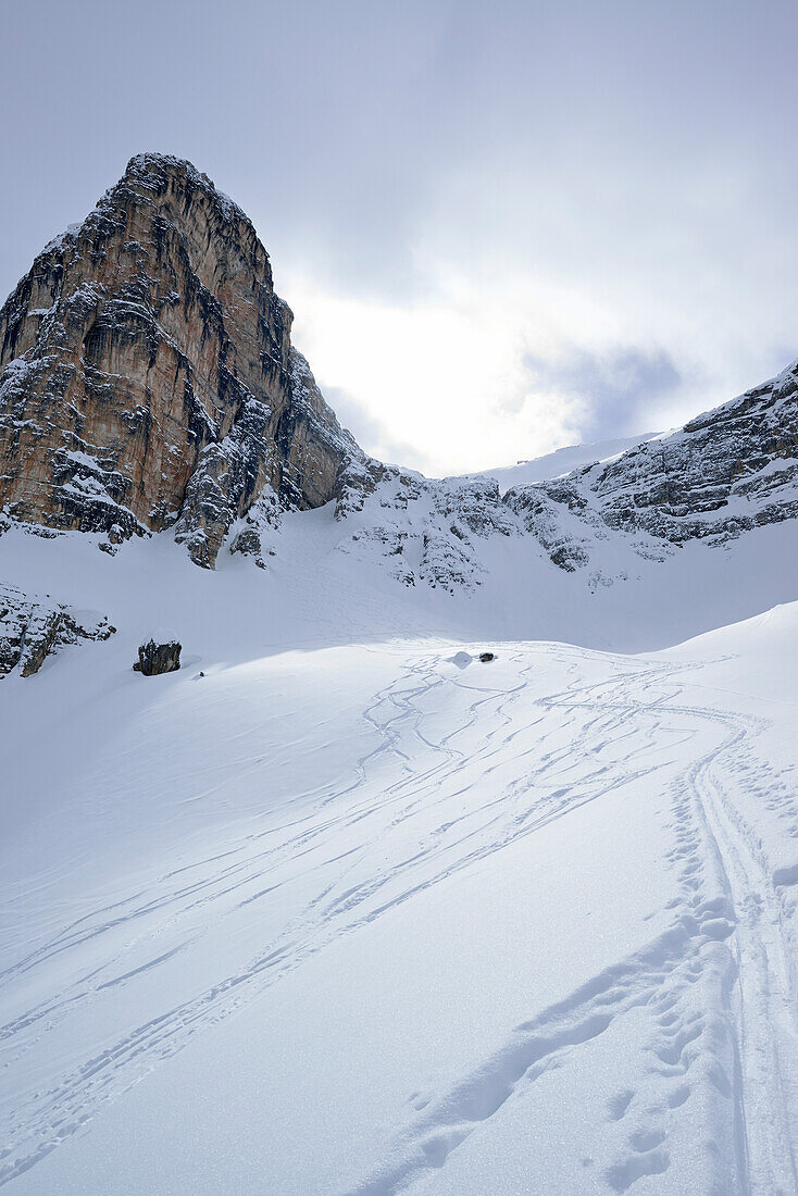 Ski tracks in snow, Muntejela, Puez Group, Dolomites, Dolomites, South Tyrol, Italy