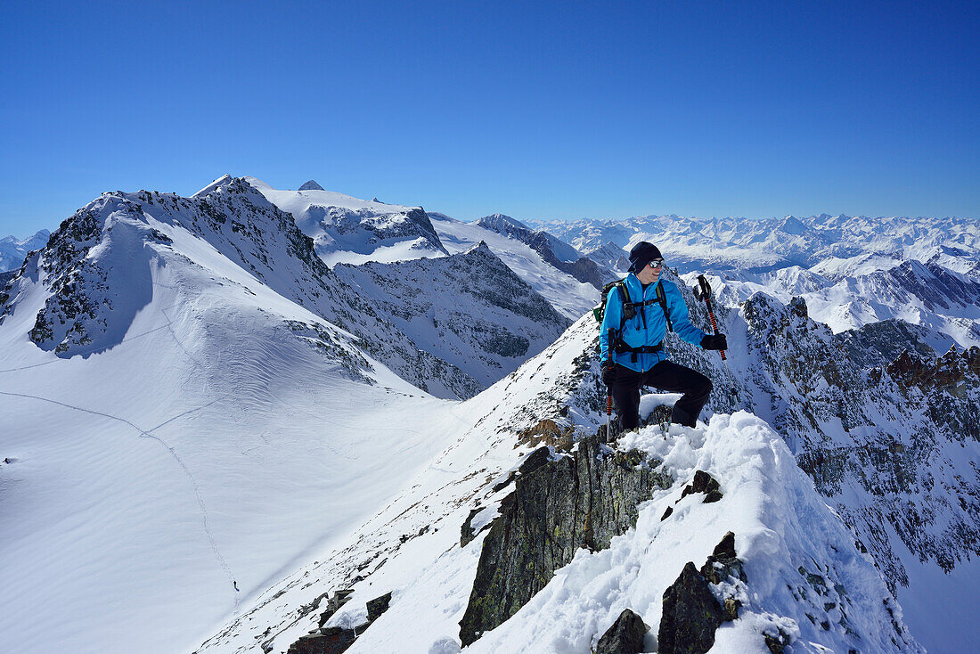 Frau auf Skitour steigt über Grat zur Zwerchwand auf, Realspitze und Olperer im Hintergrund, Zillertal, Zillertaler Alpen, Tirol, Österreich