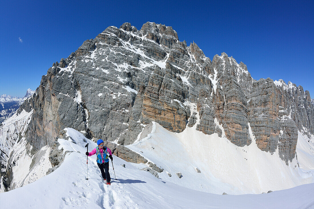 Frau auf Skitour steigt zum Corno d'Angolo auf, Cristallo, Dolomiten, Venetien, Italien