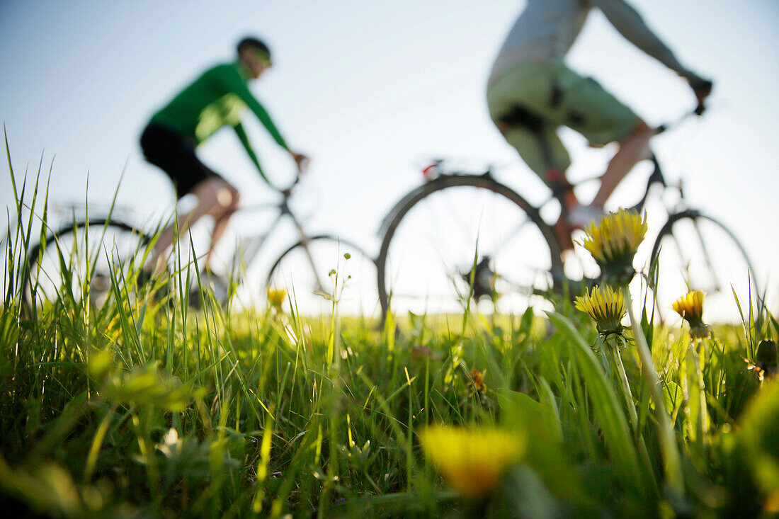 Two cyclists riding e-bikes, Munsing, Upper Bavaria, Germany