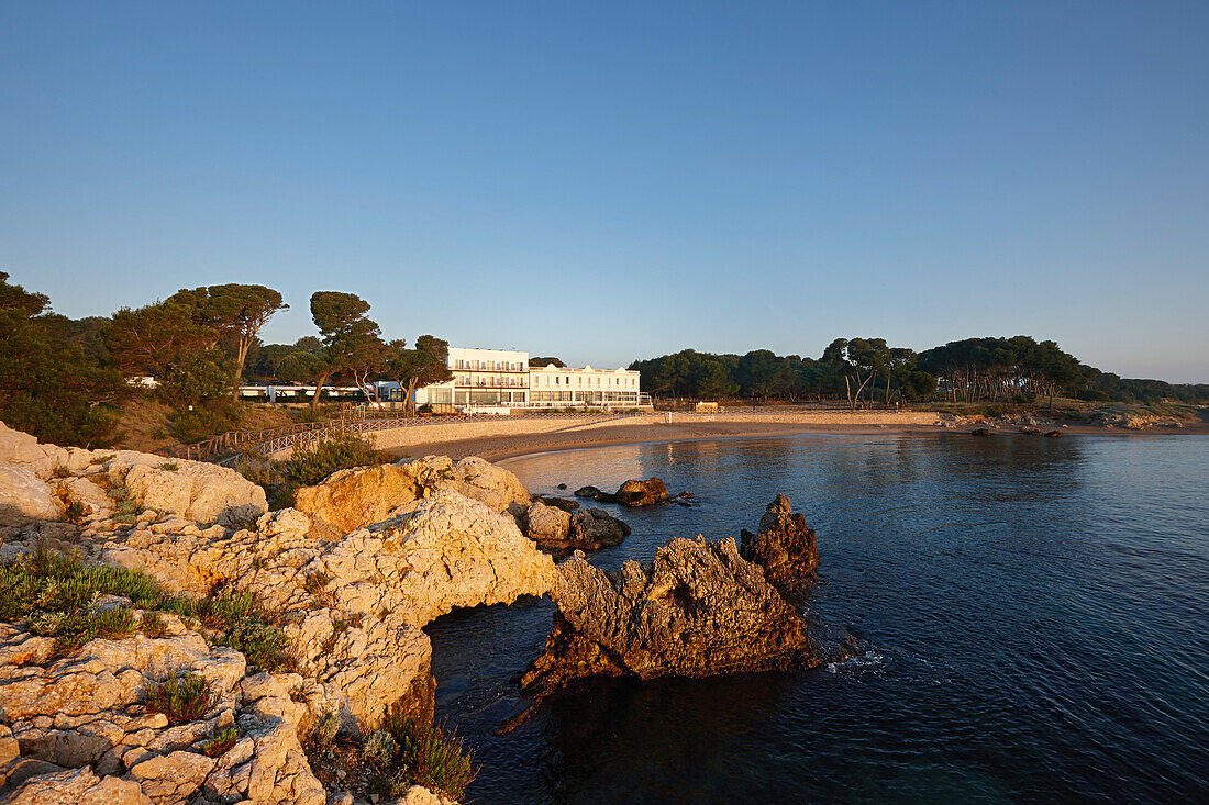 Hostal Spa Empuries in early morning light, Platja del Portitxol, Girona, Costa Brava, Spain