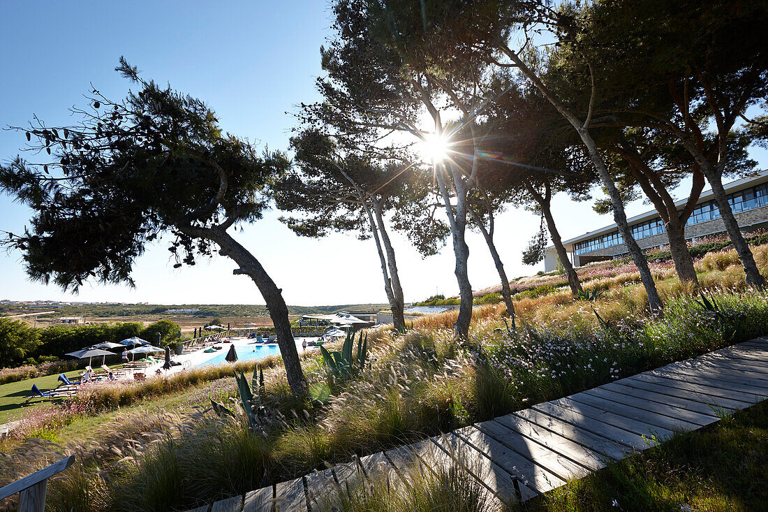 Wooden boardwalk to Martinhal Beach Resort & Hotel, Sagres, Algarve, Portugal, southernmost region of mainland Europe