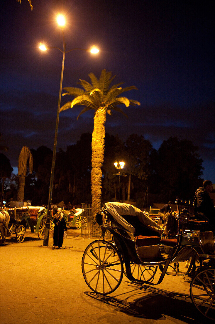 Kutschen auf dem Djemaa el Fna, Marrakesch, Marokko