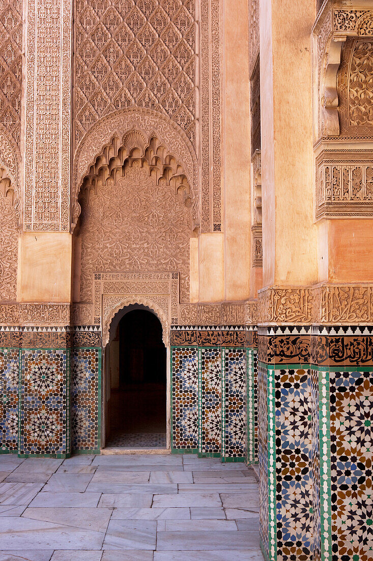 Courtyard in the Ben Youssef Madrassa, an old Islamic school, Marrakech, Morocco