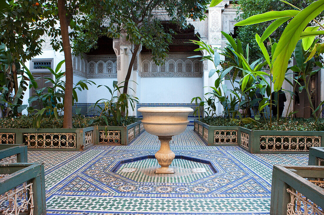 Courtyard of the Bahia Palace with fountain, Marrakech, Morocco