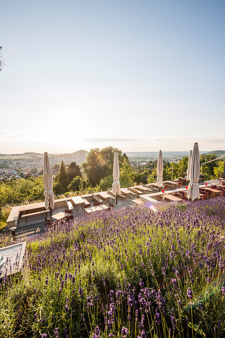 Blick über die Terrasse von einem Waldcafe auf Pfullingen und den Georgenberg, Pfullingen, Baden-Württemberg, Deutschland