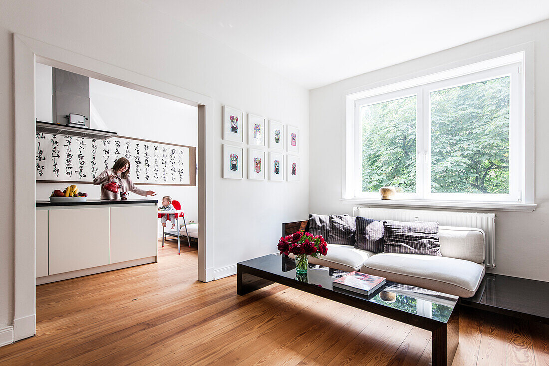 Mother and child in a kitchen, Hamburg, Germany