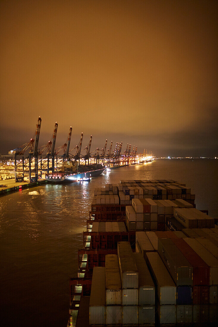Container ship at night, Bremerhaven, Bremen, Germany
