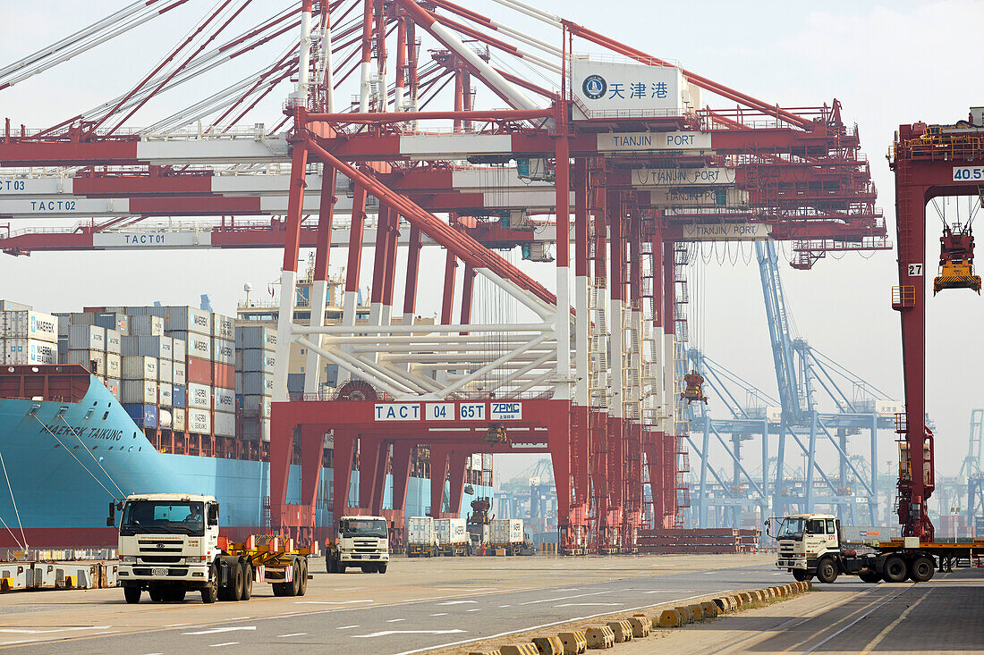 Containerschiff im Hafen, Containerhafen Tianjin, Tianjin, China