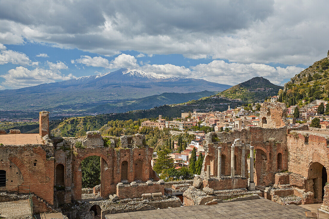 View towards Etna from Teatro Greco, Taormina, Sicily, Italy