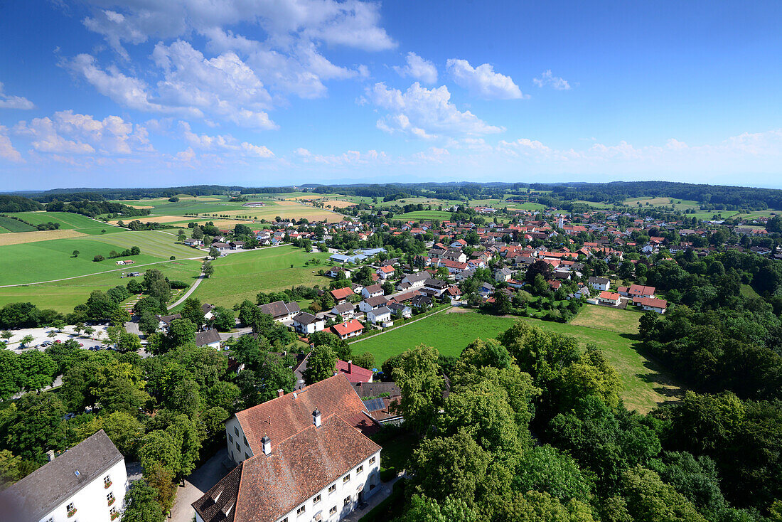 Blick vom Kirchturm Andechs, Landschaft in Bayern, Oberbayern, Deutschland