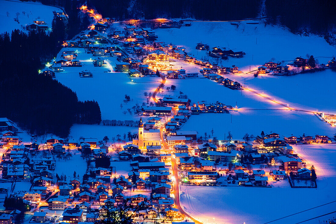 View over Ried at night, Zillertal, Tyrol, Austria