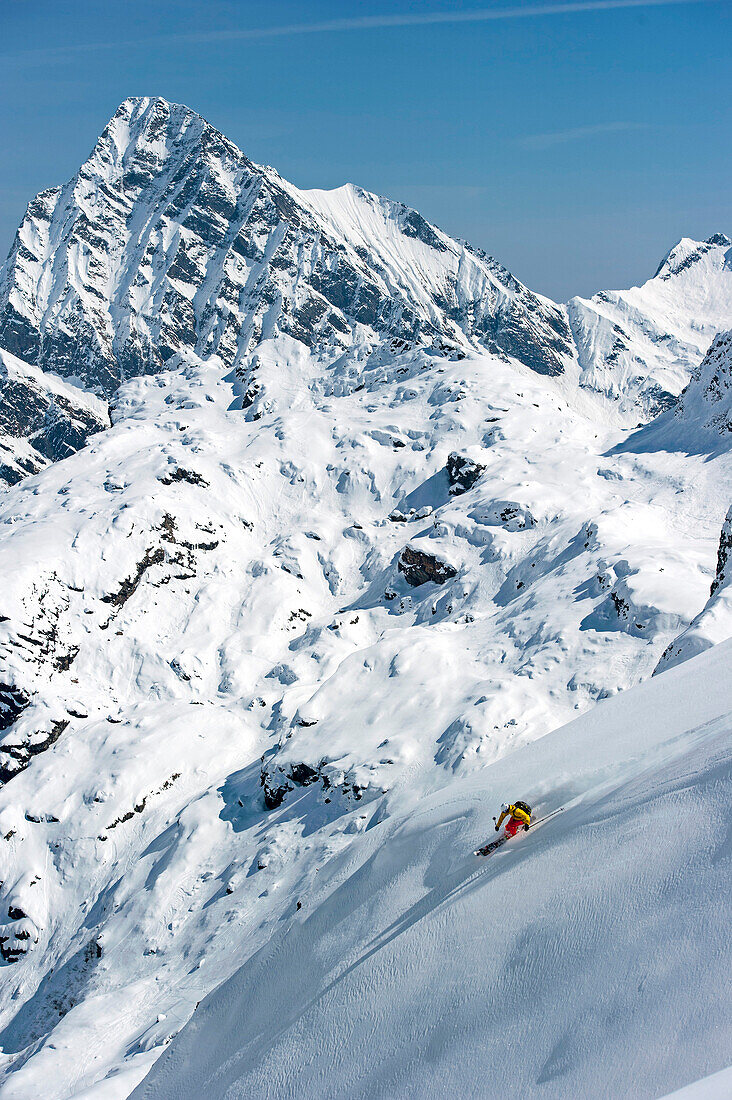 Skifahrer fährt im Tiefschnee ab, Alagna Valsesia, Piemont, Italien