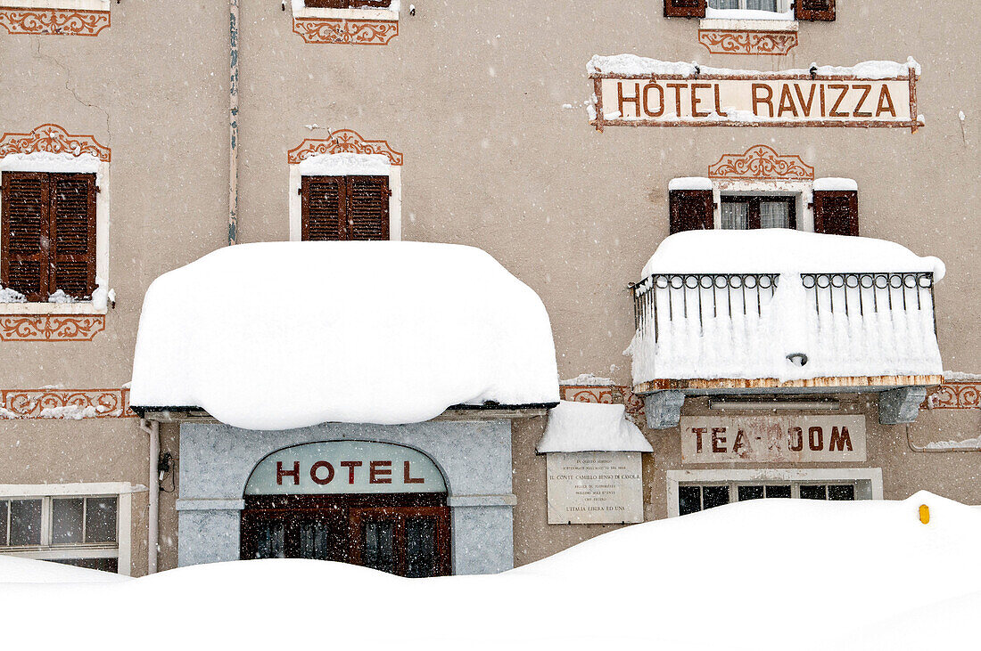 Closed snow-covered hotel, San Bernardino, Graubuenden, Switzerland