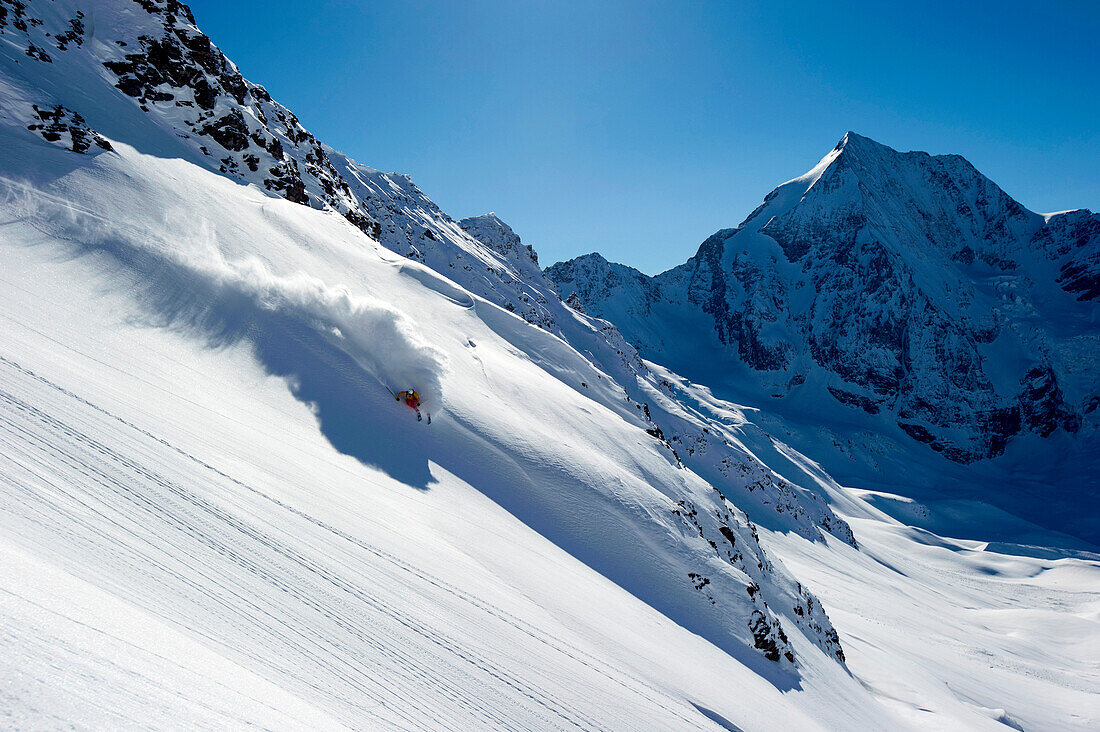 Skier downhill skiing in deep snow, Gran Zebru, Sulden, Ortler Alps, South Tyroll, Italy